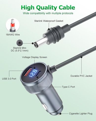 Starlink Mini Cable 3 in 1 Car Charger for Starlink Mini DC Power Cable Cigarette Lighter with Digital Display Durable Type C 100W/USB A 18W Socket 12V-24V DC Power Cord for Car Adapter 18AWG 16.4FT in Saudi Arabia