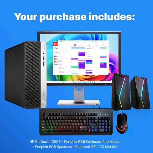 HP 400G5 Prodesk Desktop PC | Windows 11 Pro | Intel I5-8500 | ذاكرة الوصول العشوائي 16 جيجابايت - 250 جيجابايت NVME + 500GB SSD | 22 "شاشة | مكبرات الصوت RGB + لوحة المفاتيح/الماوس | AX200 WiFi + BT | كمبيوتر المكتب المنزلي (متجدد) in Saudi Arabia