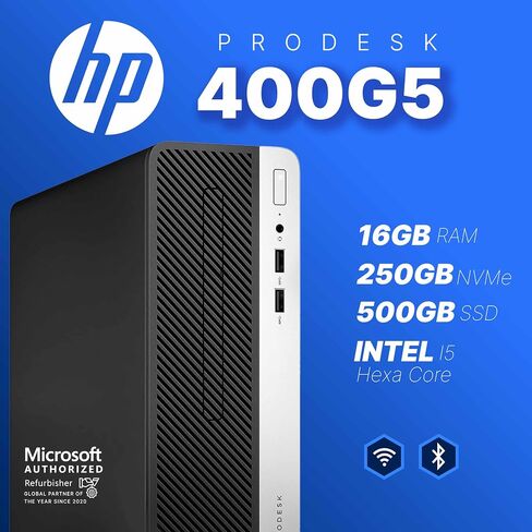 HP 400G5 Prodesk Desktop PC | Windows 11 Pro | Intel I5-8500 | ذاكرة الوصول العشوائي 16 جيجابايت - 250 جيجابايت NVME + 500GB SSD | 22 "شاشة | مكبرات الصوت RGB + لوحة المفاتيح/الماوس | AX200 WiFi + BT | كمبيوتر المكتب المنزلي (متجدد) in Saudi Arabia