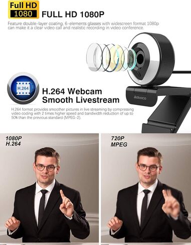 Aoboco Streaming Webcam, Webcam for Stream HD 1080p Autofocus, Dimming Light & Microphone, Web Camera for Twitch Xbox one Skype YouTube OBS Xsplit in Saudi Arabia