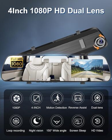 Podofo Mirror Dash Cam for Cars,4" Rear View Mirror 1080P Front and Rear View Dual Cameras,Super Night Vision,Parking Assistance,Loop Recording,Motion Detection,Waterproof Backup Camera for Cars in Saudi Arabia
