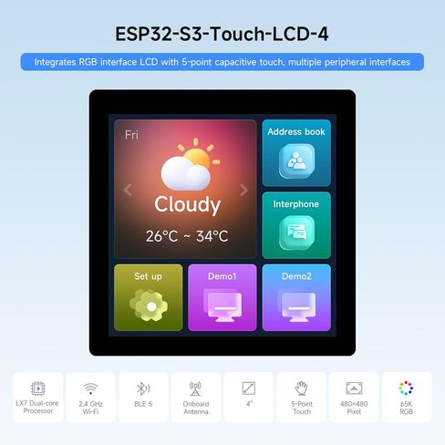 Waveshare ESP32-S3 4inchCapacitive Touch Display, V2 Update Version, 480x480, 5-Point Touch, 32-Bit LX7 Dual-Core, 240MHz, WiFi & Bluetooth, Onboard Antenna in Saudi Arabia