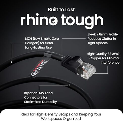 Rhinocables Slim Cat 6 Cable Gigabit Ethernet عالية السرعة - الرصاص شبكة التصحيح للشبكة LAN | Snagless UTP Design ، LSZH سترة | موصل RJ45 للإنترنت ، جهاز التوجيه ، المودم ، التلفزيون الذكي ، الكمبيوتر الشخصي والمزيد (10 أقدام ، أسود) in Saudi Arabia