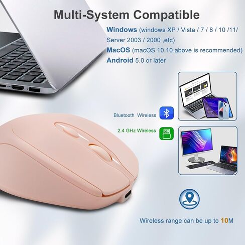 Wireless Mouse, Computer Mice with Bluetooth 5.2 & 2.4G Dual Mode Connectivity, Ergonomic Optical Mouse for Laptop/PC/iPad/MacBook Pro/Air,Bluetooth Mouse with Rechargeable Battery (Pink) in Saudi Arabia