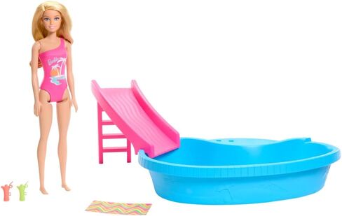Barbie Doll and Pool Playset, Brunette in Seafoam Blue One-Piece Swimsuit with Pool, Slide, Towel and Drink Accessories in Saudi Arabia