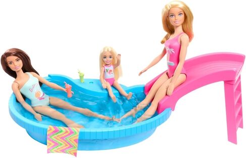 Barbie Doll and Pool Playset, Brunette in Seafoam Blue One-Piece Swimsuit with Pool, Slide, Towel and Drink Accessories in Saudi Arabia