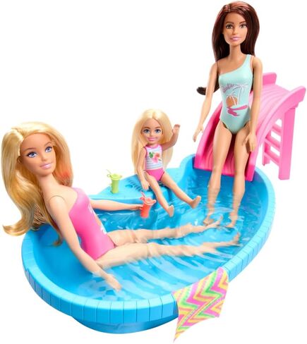 Barbie Doll and Pool Playset, Brunette in Seafoam Blue One-Piece Swimsuit with Pool, Slide, Towel and Drink Accessories in Saudi Arabia