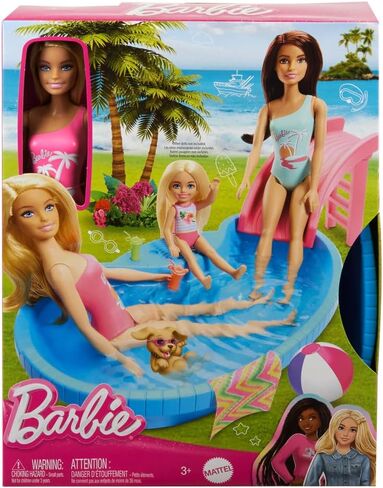 Barbie Doll and Pool Playset, Brunette in Seafoam Blue One-Piece Swimsuit with Pool, Slide, Towel and Drink Accessories in Saudi Arabia