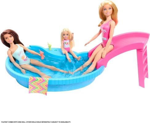Barbie Doll and Pool Playset, Brunette in Seafoam Blue One-Piece Swimsuit with Pool, Slide, Towel and Drink Accessories in Saudi Arabia