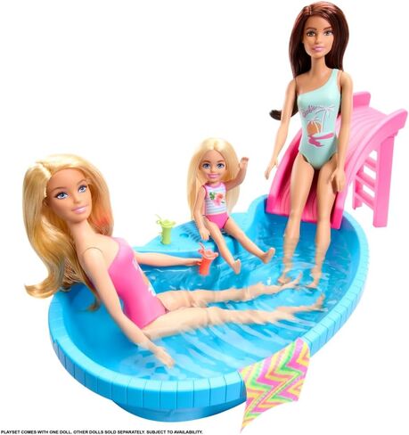 Barbie Doll and Pool Playset, Brunette in Seafoam Blue One-Piece Swimsuit with Pool, Slide, Towel and Drink Accessories in Saudi Arabia