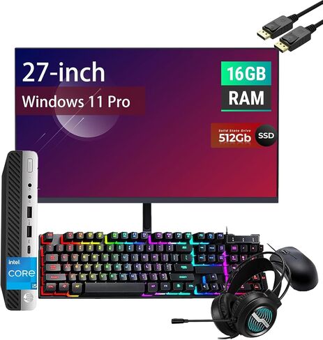 HP Elitedesk 800 G4 Mini Desktop مع شاشة FHD 27 بوصة ومجموعة PC Headset ، Core I5-8500T ، RAM 16GB ، 512GB SSD ، USB BT ، USB WiFi ، Windows 11 Pro (متجدد) in Kuwait