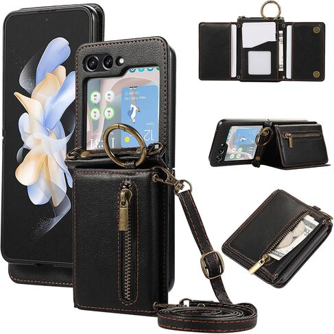 متوافق مع Samsung Galaxy Z Flip 6 5g 2024 حالة محفظة و Crossbody الكتف حلقة حلقة مشبك مفصلات حماية حامل بطاقة الهاتف ل zflip6 z6 g flip6 6z نساء الرجال الرجال الأسود in Kuwait