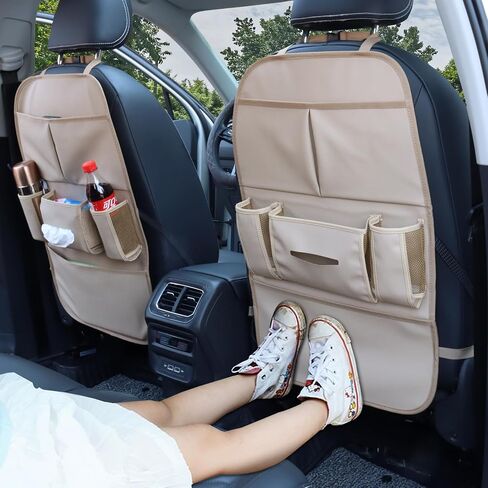 Car Backseat Organizer for Kids, Car Back Seat Storage Bag With 3 Pockets, 2 Drinks Holders, Water Resistant, Kids Toy Storage Kick Mat Back Seat Protector for Toddlers (Beige 1-Pack) in Kuwait