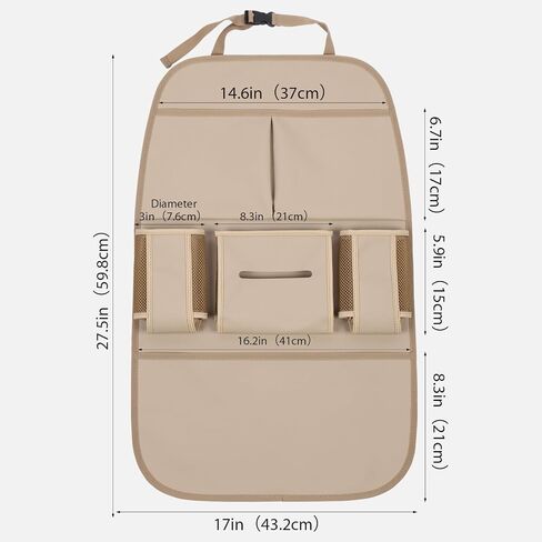 Car Backseat Organizer for Kids, Car Back Seat Storage Bag With 3 Pockets, 2 Drinks Holders, Water Resistant, Kids Toy Storage Kick Mat Back Seat Protector for Toddlers (Beige 1-Pack) in Kuwait