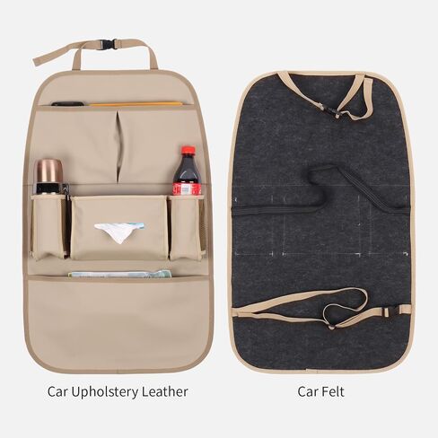 Car Backseat Organizer for Kids, Car Back Seat Storage Bag With 3 Pockets, 2 Drinks Holders, Water Resistant, Kids Toy Storage Kick Mat Back Seat Protector for Toddlers (Beige 1-Pack) in Kuwait