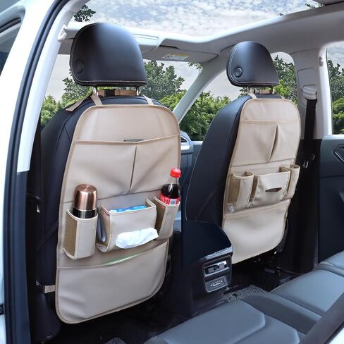 Car Backseat Organizer for Kids, Car Back Seat Storage Bag With 3 Pockets, 2 Drinks Holders, Water Resistant, Kids Toy Storage Kick Mat Back Seat Protector for Toddlers (Beige 1-Pack) in Kuwait