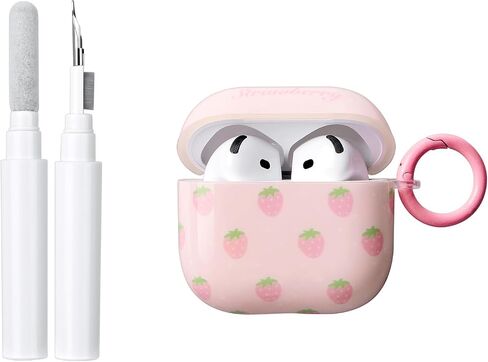 Compatible for AirPods 4th Generation (2024) Case with Cleaner Kit,Cute Sweet Cherry Plaid Aesthetic Pattern Soft TPU Shockproof Keychain Cover for Airpods 4 -White Cherry in Kuwait