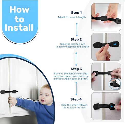 3M Adhesive Child Safety Strap Locks by Baby Proof Me, Pack of 6 Baby Latches for Cabinets, Dishwashers, Fridges, Ovens and Trash Cans, Stain Free Toilet Lock in Saudi Arabia