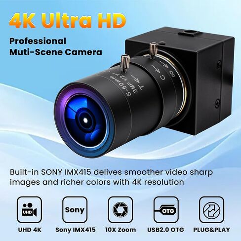 4K USB Camera - Zoom البصري 10x ، Ultra HD 2160p ، مستشعر IMX415 ، التوصيل والتشغيل لنظام التشغيل Windows ، Linux ، Mac ، Raspberry Pi in Kuwait