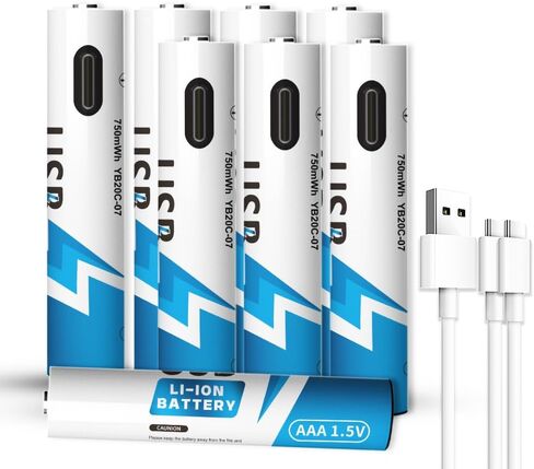 AAA USB Rechargeable Lithium Batteries, Lithium 1.5V 750 mWh, Long Lasting, Charges 1 Hours, 2-in-1 USB-C Charging Cable, 1500 Cycles for Household, Electronics, Constant Output, 8-Battery Pack in Saudi Arabia