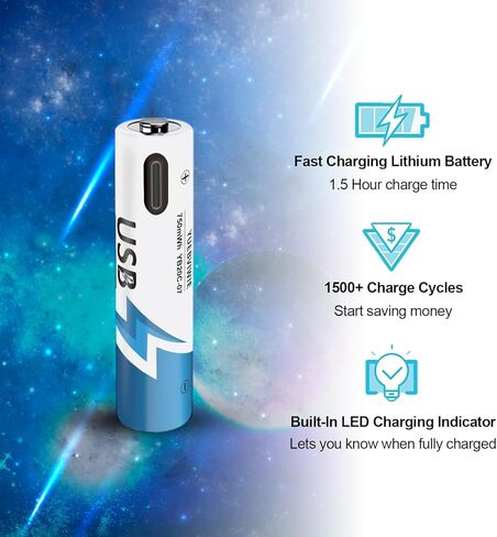 AAA USB Rechargeable Lithium Batteries, Lithium 1.5V 750 mWh, Long Lasting, Charges 1 Hours, 2-in-1 USB-C Charging Cable, 1500 Cycles for Household, Electronics, Constant Output, 8-Battery Pack in Saudi Arabia