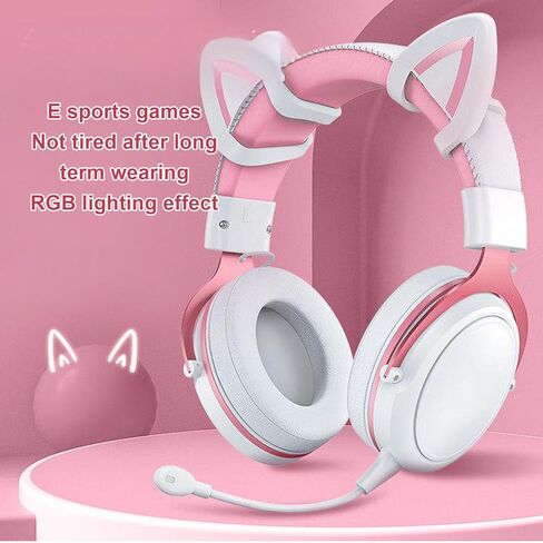 Pomya Gaming Headset for PC, Noise Reduction Over Ear Headphones with Mic, RGB Luminous Gaming Headset for Laptop (White Pink with Cat Ears Decor) in Saudi Arabia