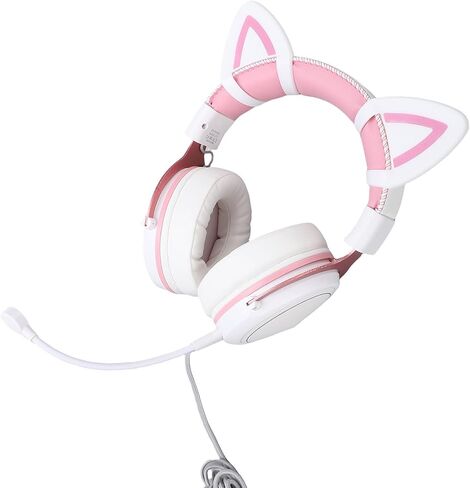 Pomya Gaming Headset for PC, Noise Reduction Over Ear Headphones with Mic, RGB Luminous Gaming Headset for Laptop (White Pink with Cat Ears Decor) in Saudi Arabia