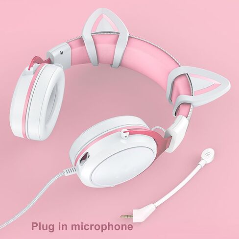 Pomya Gaming Headset for PC, Noise Reduction Over Ear Headphones with Mic, RGB Luminous Gaming Headset for Laptop (White Pink with Cat Ears Decor) in Saudi Arabia