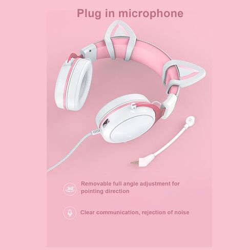 Pomya Gaming Headset for PC, Noise Reduction Over Ear Headphones with Mic, RGB Luminous Gaming Headset for Laptop (White Pink with Cat Ears Decor) in Saudi Arabia