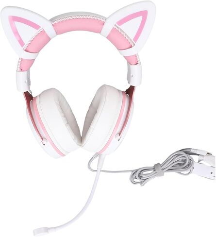 سماعات ألعاب ASIXXSIX السلكية ، إلغاء الضوضاء على سماعات الأذن مع MIC ، RGB Luminous وكابل 7.22 قدم ، وارتداء مريحة سماعات سلكية للمكتب المنزلي (الوردي الأبيض مع ديكور أذني القطط) in Kuwait
