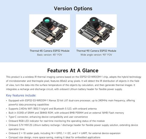 Waveshare ESP32-S3 IR Thermal Imaging Camera Module, Type-C Port, 80×62 Pixels 45 ° Field of View Angle in Saudi Arabia