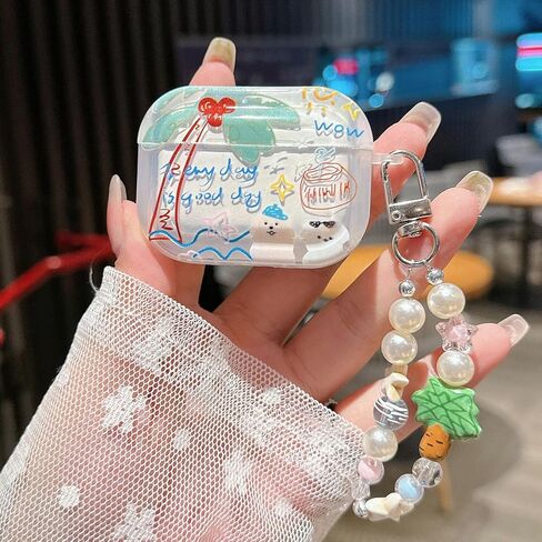 بالنسبة إلى Airpod 4 Case Summer Coconut Tree Cartoon Design with Strap Keychain Cover Cover Protection Cover متوافق مع Airpods 4th Gen Case (Green Tree Dog) in Kuwait