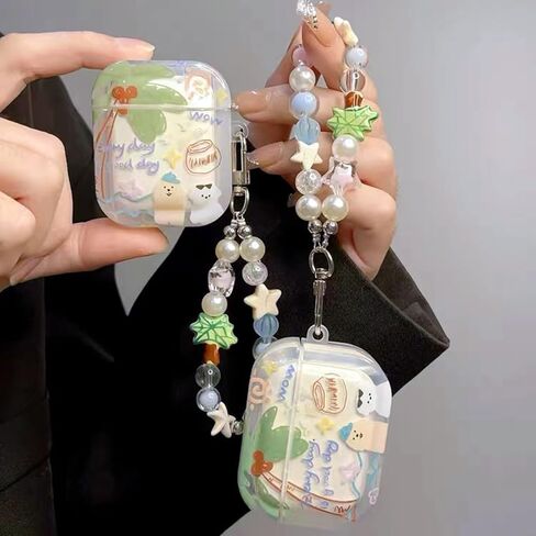 بالنسبة إلى Airpod 4 Case Summer Coconut Tree Cartoon Design with Strap Keychain Cover Cover Protection Cover متوافق مع Airpods 4th Gen Case (Green Tree Dog) in Kuwait