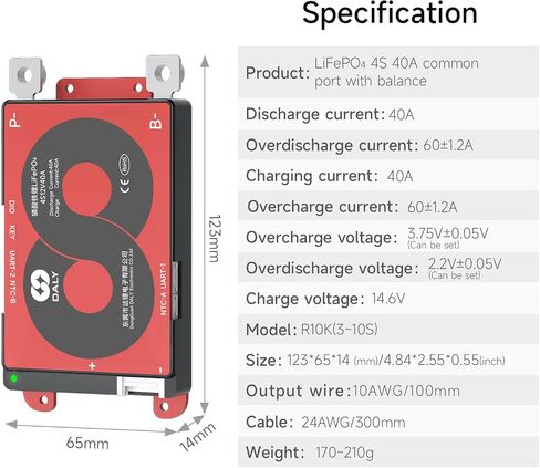 DALY Smart BMS 4S-24S 12V-72V 40A-500A with Bluetooth Module Battery Protection Board for LiFePO4 Battery Pack (LifePO4 4S 12V 40A+BT Module) in Saudi Arabia