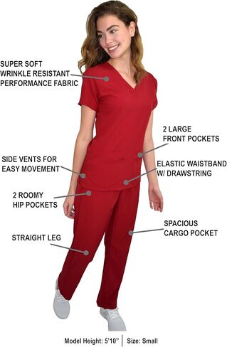 Green Town Scrubs for Women Scrub Set - V-Neck Top and Straight Leg Pant, 5 Pockets, Easy Care, Solids and Prints Uniforms -Teal-Small Petite in Saudi Arabia