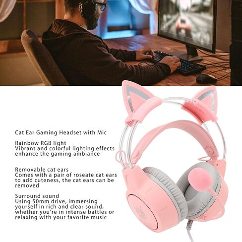 Cat Ear Gaming Headset Roseate RGB Light Adjustable Headband Wired Gaming Headphone with Mic for PC Laptop Game Console in Saudi Arabia
