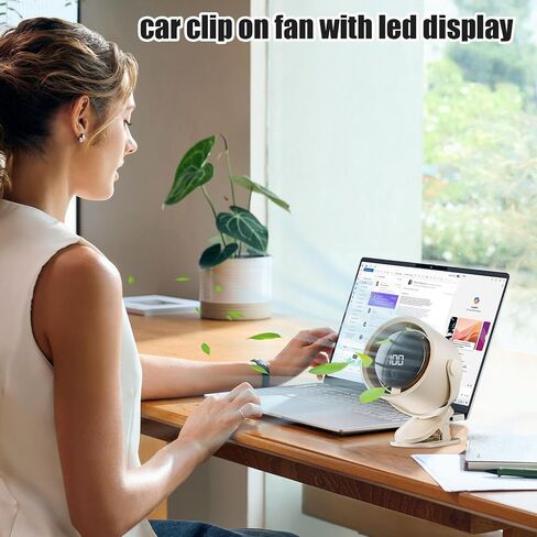 Car Clip On Fan, 100-Speed USB Rechargeable Fan, Quiet with LED Display, Portable Auto Cooler, Ventilation Accessory for Camping, Kitchen, Dorm, Hot Weather, and Road Trips in Saudi Arabia