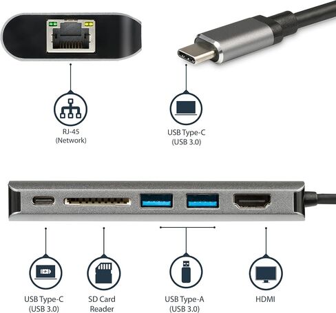 StarTech.com USB C Multiport Adapter - USB-C to 4K 60Hz HDMI 2.0, 100W PD Pass-Through, SD/MicroSD, 2-Port USB Hub, GbE, USB Type-C Mini Dock, 12" Attached Cable, Replaces DKT30CSDHPD (DKT30CHSDPD1) in Saudi Arabia