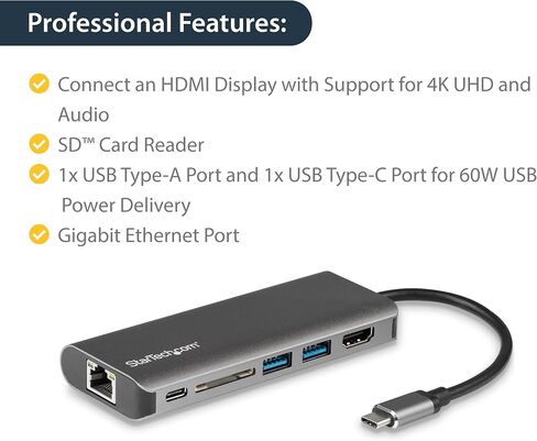 StarTech.com USB C Multiport Adapter - USB-C to 4K 60Hz HDMI 2.0, 100W PD Pass-Through, SD/MicroSD, 2-Port USB Hub, GbE, USB Type-C Mini Dock, 12" Attached Cable, Replaces DKT30CSDHPD (DKT30CHSDPD1) in Saudi Arabia