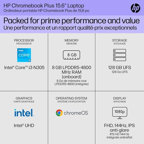HP Chromebook Plus 15.6 بوصة محمول 15A-NB0003CA ، Intel® Core ™ I3-N305 ، Intel® UHD Graphics ، 8GB LPDDR5-4800 MHz ، 128GB UFS ، (15A-NB0003CA ، Silver) in Kuwait