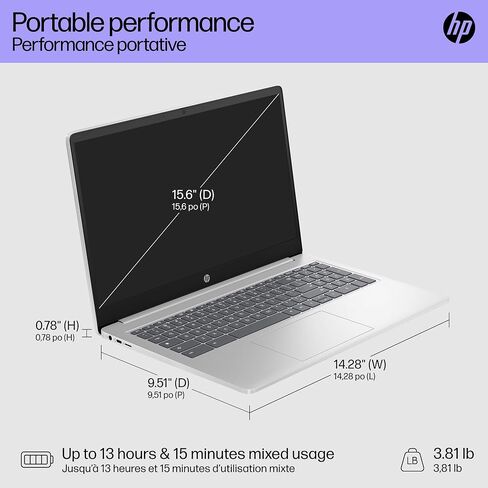 HP Chromebook Plus 15.6 بوصة محمول 15A-NB0003CA ، Intel® Core ™ I3-N305 ، Intel® UHD Graphics ، 8GB LPDDR5-4800 MHz ، 128GB UFS ، (15A-NB0003CA ، Silver) in Kuwait