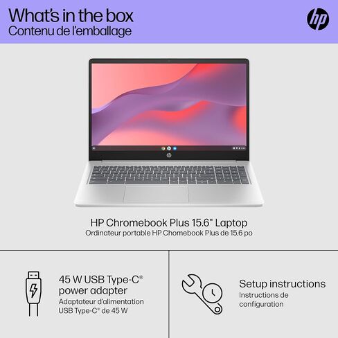 HP Chromebook Plus 15.6 بوصة محمول 15A-NB0003CA ، Intel® Core ™ I3-N305 ، Intel® UHD Graphics ، 8GB LPDDR5-4800 MHz ، 128GB UFS ، (15A-NB0003CA ، Silver) in Kuwait