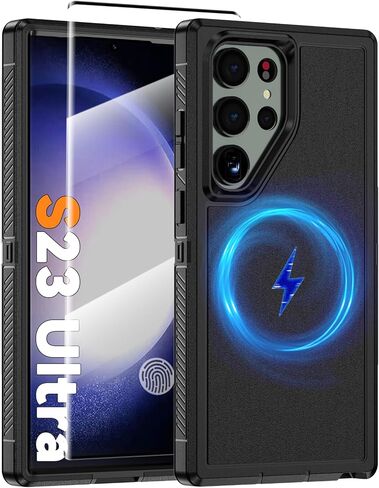 Magnetic Case for Samsung Galaxy S23 Ultra [Compatible with Magsafe] [Glass Screen Protector] [Dual Layer Military-Grade Protection] Heavy Duty Shockproof Cover for Samsung S23 Ultra 6.8 inch, Black in Kuwait