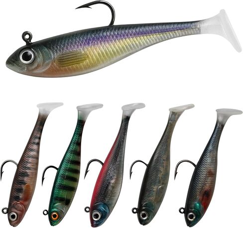 5/6Pcs Pre-Rigged Soft Plastic Lures, Paddle Tail Swimbait, Jig Heads for Bass, Walleye, Pike, Trout, Redfish Fishing in Kuwait