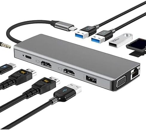 13 Combo Type-C Ethernet Hub ، 4K USB-C إلى 2 HDTVS ، VGA ، 2 USB 3.0 ، 2 USB 2.0 ، 100W PD ، قارئ بطاقة SD/TF ، قاعدة توسيع ميكروفون/صوت ، مناسبة لأجهزة الكمبيوتر المحمولة USB-C (1) in Kuwait