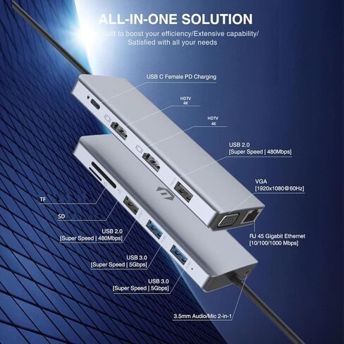 13 Combo Type-C Ethernet Hub ، 4K USB-C إلى 2 HDTVS ، VGA ، 2 USB 3.0 ، 2 USB 2.0 ، 100W PD ، قارئ بطاقة SD/TF ، قاعدة توسيع ميكروفون/صوت ، مناسبة لأجهزة الكمبيوتر المحمولة USB-C (1) in Kuwait
