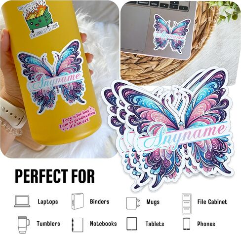 Custom Watercolor Butterfly Name Decal Personalized Name Stickers Cute Waterproof Die-Cut Vinyl Laptop Sticker, Water Bottle Sticker, Funny Car Birthday Gifts for Her Him Kids Friends in Saudi Arabia