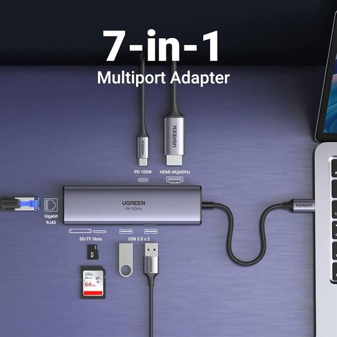 UGREEN 7-in-1 USB C Hub Bundle with 3.3FT 100W USB C to USB C Cable Fast Charging, Type C Cord USB C Charger Cable Compatible with iPhone 15/15 Pro/15 Pro Max, Galaxy S24/S23 in Saudi Arabia