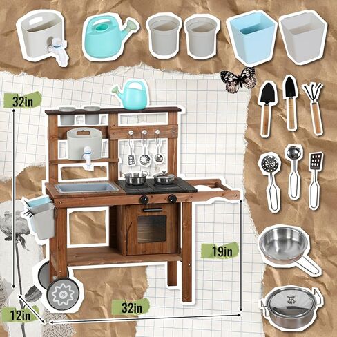 مجموعة مطبخ اللعب الخشبية من WOODENFUN للأطفال الصغار، هدية مطبخ للأولاد والبنات، للأعمار من 3 سنوات فما فوق، الأبعاد: 32 بوصة ارتفاع × 19 بوصة عرض × 11 بوصة عمق in Kuwait