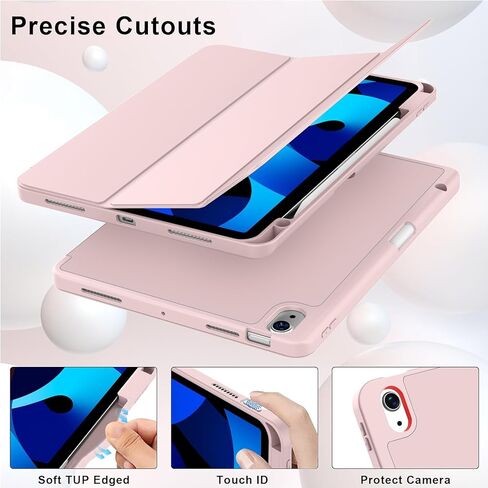 Case for iPad Air 11-Inch M3/M2 (2025/2024), iPad Air 5/4 (2022/2020 5th/4th Generation 10.9-Inch) with Pencil Holder, Slim Stand Soft Back Support Touch ID and Auto Wake/Sleep (Light Pink) in Kuwait